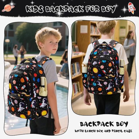 Car Space Theme Backpack Set for Boys,Kids Large Capacity Schoolbag,Lightweight Water Resistant Bookbag with Lunch Box and Pencil Case,Nylon Side Pocket in Saudi Arabia
