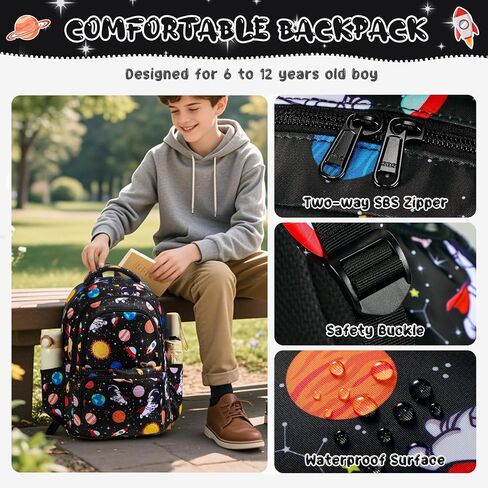 Car Space Theme Backpack Set for Boys,Kids Large Capacity Schoolbag,Lightweight Water Resistant Bookbag with Lunch Box and Pencil Case,Nylon Side Pocket in Saudi Arabia