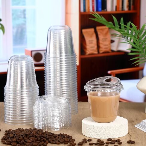 Baderke 100 PCS البلاستيك مع أغطية SIP جولة أسفل أكواب القهوة البلاستيكية التي يمكن التخلص منها مع أغطية أكواب بلورية صافية من أجل القهوة المثلجة Smoolede Cold Beverage Party Supplies (16 OZ) in Saudi Arabia