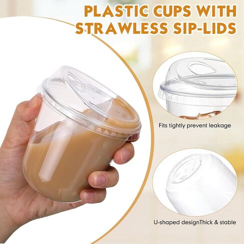 Baderke 100 PCS البلاستيك مع أغطية SIP جولة أسفل أكواب القهوة البلاستيكية التي يمكن التخلص منها مع أغطية أكواب بلورية صافية من أجل القهوة المثلجة Smoolede Cold Beverage Party Supplies (16 OZ) in Saudi Arabia