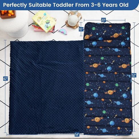 PHF Toddler Nap Mat with Removable Pillow and Minky Blanket, Rollup Design Kids Sleeping Mat, Slumber Bags for Boys, 55"x23" Toddler Sleeping Bag for Daycare Preschool Travel Camping, Space in Saudi Arabia