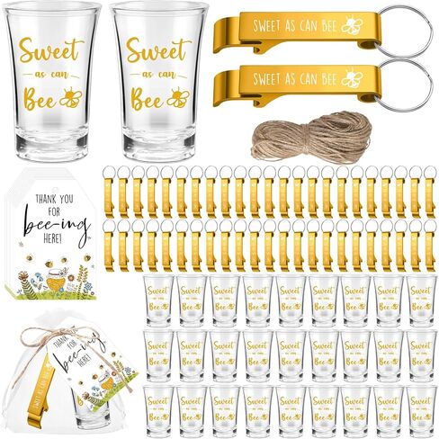 Pickmesh 25 مجموعة استحمام الطفل Favors Bee Party Favors Bee Acrylic Shot Glasses with Bottle Openerchains شكرًا لك على العلامات والحقائب للعسل بين جنس الطفل تكشف عن ديكورات عيد الميلاد in Kuwait