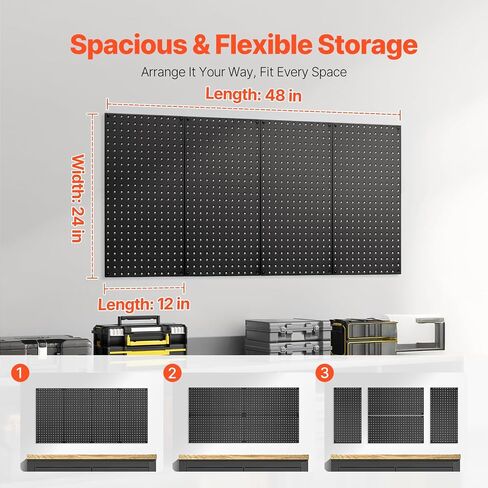 VEVOR Metal Pegboard Panels, 24" x 12" Pegboard, 4 Panels, Heavy Duty Steel Peg Board Wall Organizer, for Living Room Garage Tool Storage Workbench Office Organization Craft Room Kitchen Home, Black in Saudi Arabia