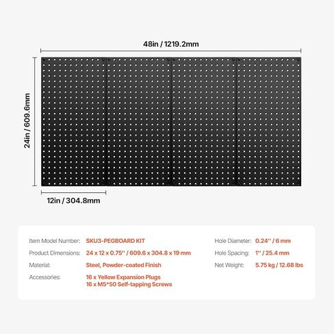 VEVOR Metal Pegboard Panels, 24" x 12" Pegboard, 4 Panels, Heavy Duty Steel Peg Board Wall Organizer, for Living Room Garage Tool Storage Workbench Office Organization Craft Room Kitchen Home, Black in Saudi Arabia