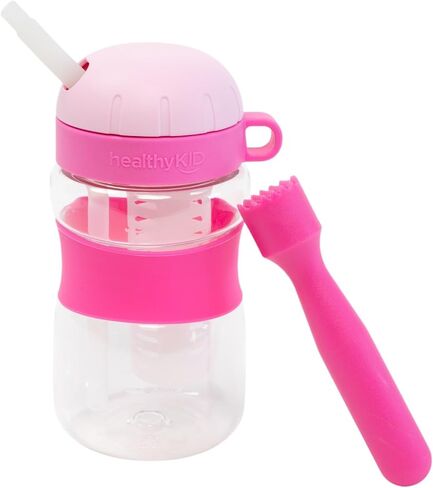 صحة طفل زجاجة ماء فاكهة الفاكهة. 10oz BPA خالية من تريتان. سلة ضخ ممتعة للفواكه مع مطابقة Muddler والوصفات. غطاء المسمار المقاوم للتسرب مع كوب القش سهلة. (أزرق) in Saudi Arabia