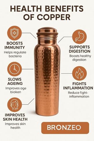 BRONZEO 100% Pure Copper Water Bottle – Hammered Design, 954ml | Ayurvedic Copper Bottle for Health & Detox | Leak-Proof Screw Cap | BPA-Free, Durable, Eco-Friendly, Yoga & Office Use in Saudi Arabia