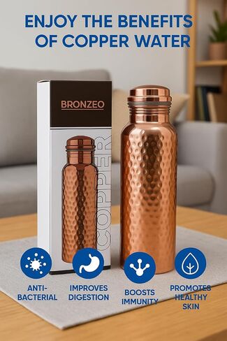 BRONZEO 100% Pure Copper Water Bottle – Hammered Design, 954ml | Ayurvedic Copper Bottle for Health & Detox | Leak-Proof Screw Cap | BPA-Free, Durable, Eco-Friendly, Yoga & Office Use in Saudi Arabia