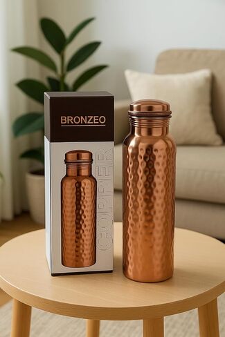 BRONZEO 100% Pure Copper Water Bottle – Hammered Design, 954ml | Ayurvedic Copper Bottle for Health & Detox | Leak-Proof Screw Cap | BPA-Free, Durable, Eco-Friendly, Yoga & Office Use in Saudi Arabia