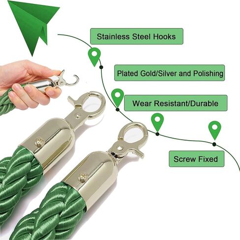 Rope Safety barriers, Queue Barrier Ropes with Gold/Silver Hooks, raided Hemp Rope for Queue Divider Crowd Control Rope Safety Barrier, Twisted Hemp Rope(Green Silver Hooks,3.3ft/100cm) in Kuwait
