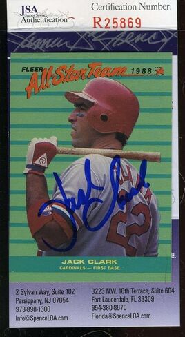 Jack Clark Jsa Coa Autographed 1988 Fleer Authentic Hand Signed Cardinals - Baseball Slabbed Autographed Cards in Saudi Arabia