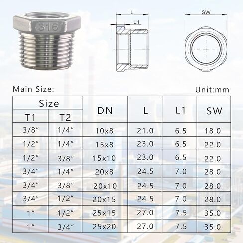 316 Stainless Steel Hex Bushing Reducer, 3/4" NPT Male to 1/2" NPT Female Pipe Fitting Adapter - Corrosion Resistant Connector for Plumbing, Hydraulic, Air, Oil & Gas Systems (3/4" to 1/2") in Saudi Arabia