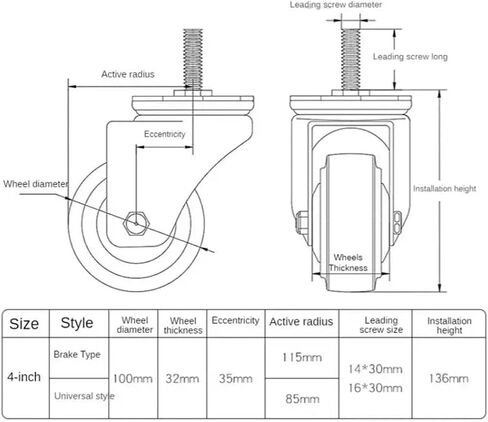 1pcs 4 بوصة M14/M16 المسمار العجلة العالمية مع بكرة العجلات من المطاط الفرامل (M14-Brake) in Saudi Arabia