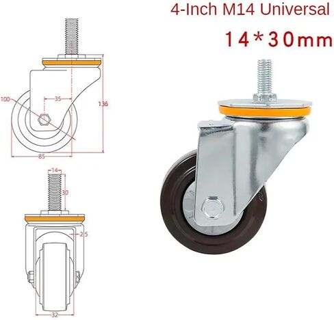 1pcs 4 بوصة M14/M16 المسمار العجلة العالمية مع بكرة العجلات من المطاط الفرامل (M14-Brake) in Saudi Arabia