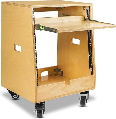 Sound Town DIY SLANTED 12U Studio Rack (4U TOP + 8U LOMER) ، مع سعة تخزين قاع 2U ، صينية شريحة خارجية ، العجلات ، خشب الرقائقي ، خشب GOLDEN لغرفة التسجيل ، الاستوديو المنزلي (SDRK-ST12T) in Kuwait