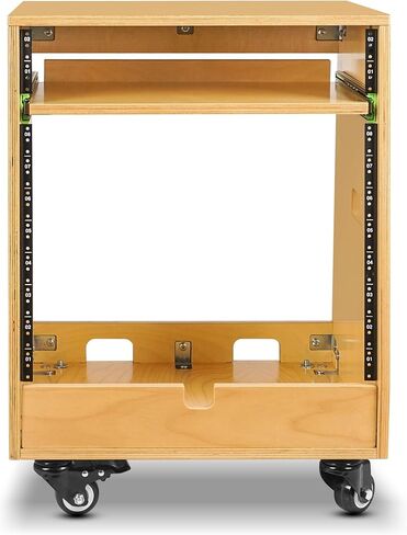 Sound Town DIY SLANTED 12U Studio Rack (4U TOP + 8U LOMER) ، مع سعة تخزين قاع 2U ، صينية شريحة خارجية ، العجلات ، خشب الرقائقي ، خشب GOLDEN لغرفة التسجيل ، الاستوديو المنزلي (SDRK-ST12T) in Kuwait