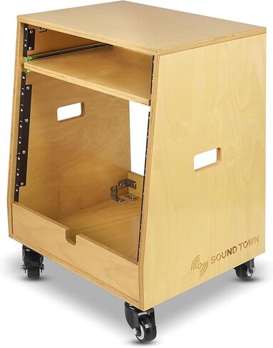 Sound Town DIY SLANTED 12U Studio Rack (4U TOP + 8U LOMER) ، مع سعة تخزين قاع 2U ، صينية شريحة خارجية ، العجلات ، خشب الرقائقي ، خشب GOLDEN لغرفة التسجيل ، الاستوديو المنزلي (SDRK-ST12T) in Kuwait