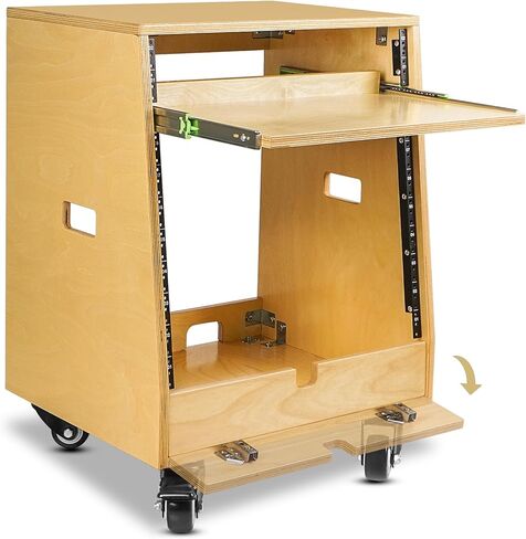 Sound Town DIY SLANTED 12U Studio Rack (4U TOP + 8U LOMER) ، مع سعة تخزين قاع 2U ، صينية شريحة خارجية ، العجلات ، خشب الرقائقي ، خشب GOLDEN لغرفة التسجيل ، الاستوديو المنزلي (SDRK-ST12T) in Kuwait