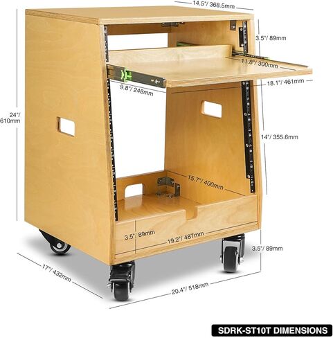 Sound Town DIY SLANTED 12U Studio Rack (4U TOP + 8U LOMER) ، مع سعة تخزين قاع 2U ، صينية شريحة خارجية ، العجلات ، خشب الرقائقي ، خشب GOLDEN لغرفة التسجيل ، الاستوديو المنزلي (SDRK-ST12T) in Kuwait