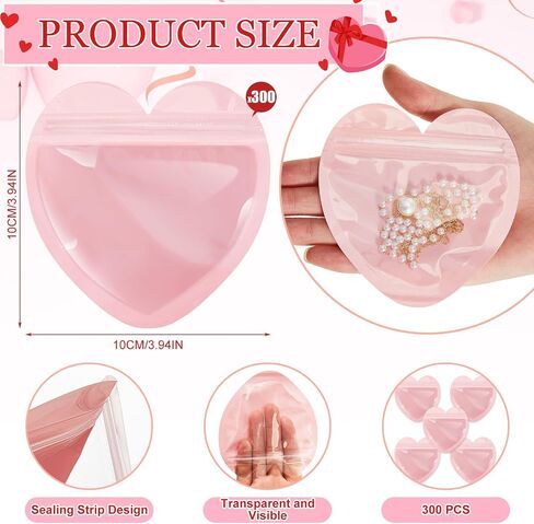 300 Pcs Heart-shaped Jewelry Packaging Bags Small Jewelry Transparent Resealable Cute Treat Bags for Business Wedding Birthday Festival Party Favor Supplies in Saudi Arabia