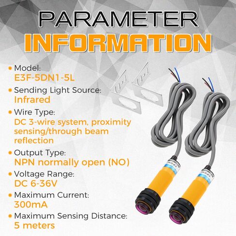 1 Pair M18 Photoelectric Sensor E3F-5DN1-5L, Infrared Through-Beam/Reflective Switch, 6-36VDC NPN NO Proximity Switch with mounting Bracket (Inductive Distance 5M) in Kuwait