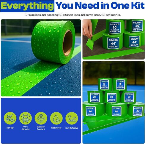 Quick Pickleball Court Marking Kit with Pre-Measured, Pre-Cut Tape Lines, 2" Indoor Outdoor Boundary Markers, Temporary or Permanent, Waterproof, Concrete, Cement, Driveway, Asphalt, Schools, Gyms in Saudi Arabia
