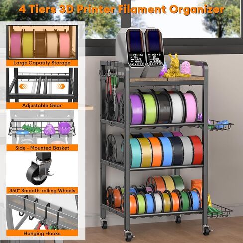 3D Printer Filament Storage Rack- 4 Tiers Filament Spool Holder, Heavy Duty 3D Printing Stand Filament Organizer with 360° Wheels, Metal Filament Stand Shelf for PLA/ABS/TPU/Nylon (Black) in Kuwait