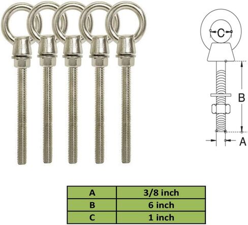 5 Pieces 3/8 Inch x 6 Inch Stainless Steel Marine Shoulder Eye Bolt WLL 1,000 Pounds in Saudi Arabia