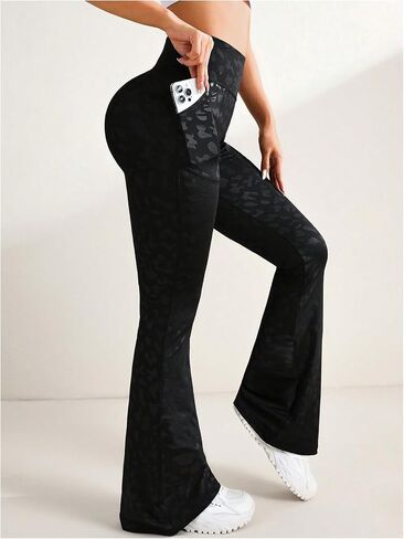 Wdirara Women’s Leopard Print Flare Yoga Pants Athletic Pantic Pantic Pants Herastic Bell Betls Burnts مع جيب in Saudi Arabia