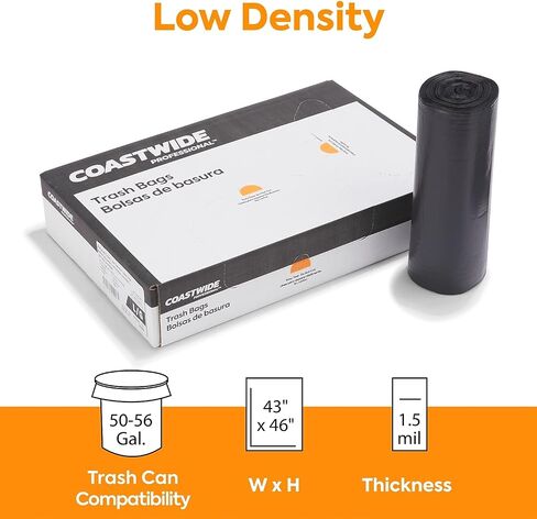 STAPLES COASTWIDE 50-56 Gallon Industrial Trash Bag, 43" x 46", Low Density, 1.5 mil, Black, 5 Rolls (CW22341) in Saudi Arabia