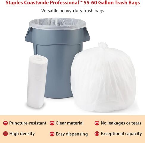Staples Coastwide Professional Heavy Duty Trash Bags, 55-60 Gallon, 38" x 60", High Density and 14 Mic Thick, 8 Rolls Per Carton (200 Total Bags) in Saudi Arabia