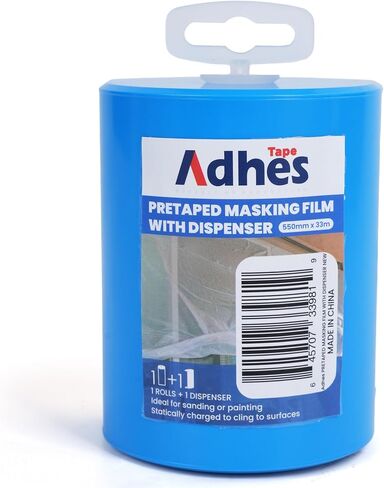 Adhes Pretaped Masking Film with Dispenser, 550mm x 33m (22in x 108ft), Paint Protection Plastic Drop Cloth for Painting, Automotive, Furniture and Floor Covering in Kuwait