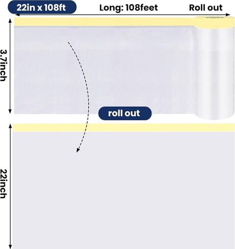 Adhes Pretaped Masking Film with Dispenser, 550mm x 33m (22in x 108ft), Paint Protection Plastic Drop Cloth for Painting, Automotive, Furniture and Floor Covering in Kuwait