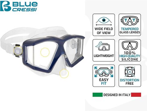 Cressi 4-Lens Panoramic Mask for Scuba Diving and Snorkeling - Comfortable and Wide-View - Horizon - Designed in Italy by Cressi in Saudi Arabia