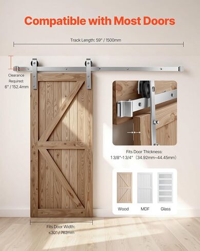 VEVOR 6FT Brushed Nickel Sliding Barn Door Hardware Kit, 330 LBS Weight Capacity, Compatible with 36 Inches Max Width & 1-3/8 to 1-3/4 Inches Thickness Single Door, Durable Track & J-Shape Roller in Saudi Arabia