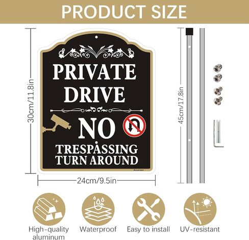 2 Pack Private Drive No Trespassing مع حصة 10 × 12 بوصة لا تدور حول علامة ممر خاص علامات الألومنيوم المعدنية عاكسة ، محمية بالأشعة فوق البنفسجية ، مقاومة للطقس ، مقاومة تتلاشى in Kuwait