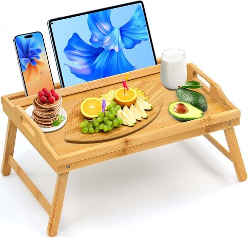 Tray Table for Bed, Bamboo Breakfast Tray with Folding Legs and Handles, Natural Color Bed Tray with Media Slot, Ideal for Eating, Serving or Working in Kitchen, Sofa or Bedroom in Saudi Arabia
