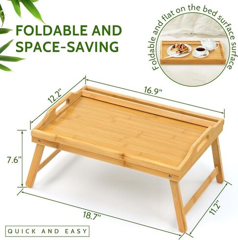 Tray Table for Bed, Bamboo Breakfast Tray with Folding Legs and Handles, Natural Color Bed Tray with Media Slot, Ideal for Eating, Serving or Working in Kitchen, Sofa or Bedroom in Saudi Arabia