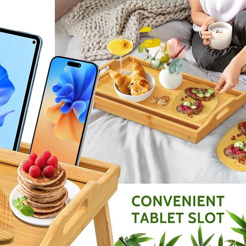 Tray Table for Bed, Bamboo Breakfast Tray with Folding Legs and Handles, Natural Color Bed Tray with Media Slot, Ideal for Eating, Serving or Working in Kitchen, Sofa or Bedroom in Saudi Arabia