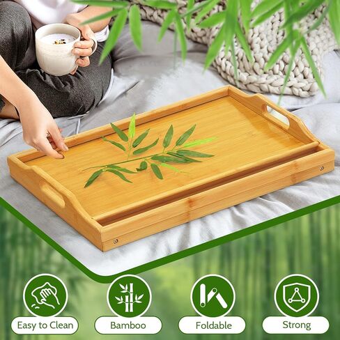 Tray Table for Bed, Bamboo Breakfast Tray with Folding Legs and Handles, Natural Color Bed Tray with Media Slot, Ideal for Eating, Serving or Working in Kitchen, Sofa or Bedroom in Saudi Arabia