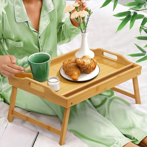 Tray Table for Bed, Bamboo Breakfast Tray with Folding Legs and Handles, Natural Color Bed Tray with Media Slot, Ideal for Eating, Serving or Working in Kitchen, Sofa or Bedroom in Saudi Arabia
