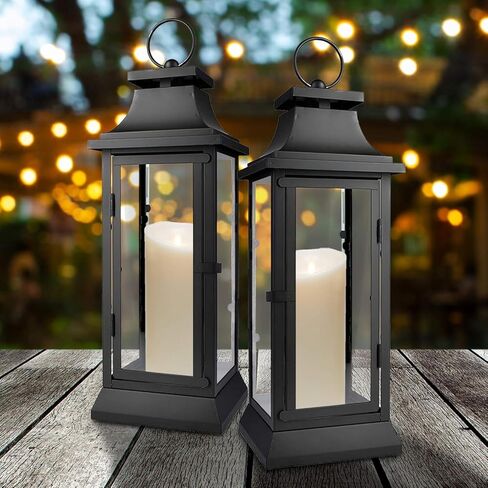 فوانيس إعصار سوداء من Serene Spaces Living مع ألواح زجاجية شفافة، مثالية لديكور المنزل، والحفلات والمناسبات، أو سطح الطاولة أو فانوس معلق للداخلية والخارجية، يبلغ طولها 20 بوصة وقطرها 6.75 بوصة in Kuwait