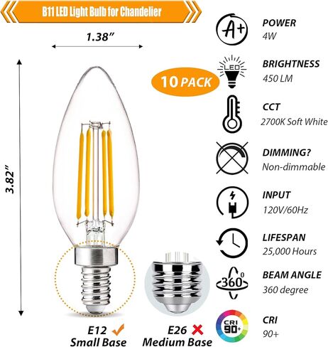 E12 Base LED Candelabra Bulbs 40W Equivalent, 2700K Soft White, B11 4W LED Light Bulbs for Chandelier, 90 CRI, 450LM, Non-Dimmable, 10 Pack in Kuwait
