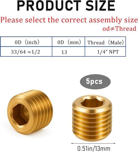 5 PCS 1/4" NPT Male Pipe Plug Fitting Set Brass Hex Counter Sunk PlugS for Pipe Ends, Internal Hex Socket Thread Plug Kit in Saudi Arabia
