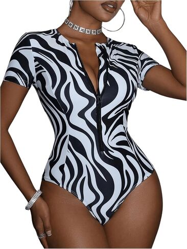 WDIRARA Women's One Piece Swimsuit Zebra Striped Short Sleeve Zipper Swimwear in Kuwait