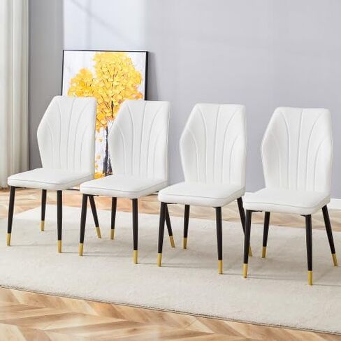 Modern Dining Chairs Set of 4 - PU Leather Upholstered Seats with Patterned Backrest & Black Steel Legs for Kitchen, Office, Breakfast Nook (White & Gray) in Saudi Arabia