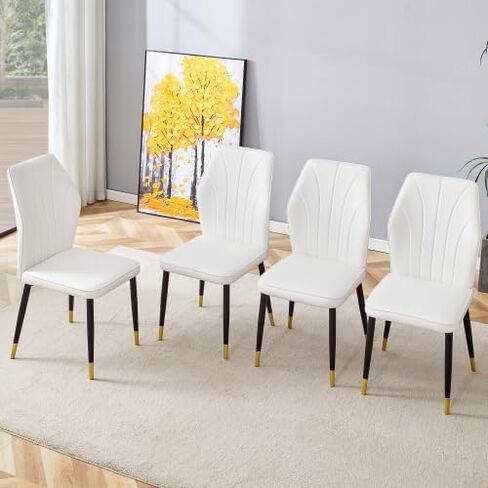 Modern Dining Chairs Set of 4 - PU Leather Upholstered Seats with Patterned Backrest & Black Steel Legs for Kitchen, Office, Breakfast Nook (White & Gray) in Saudi Arabia