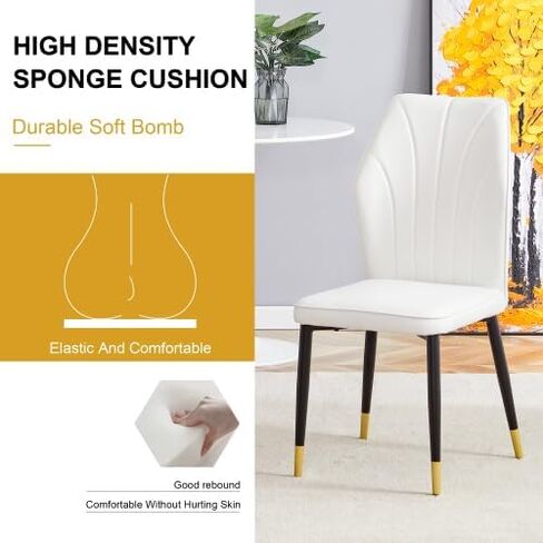 Modern Dining Chairs Set of 4 - PU Leather Upholstered Seats with Patterned Backrest & Black Steel Legs for Kitchen, Office, Breakfast Nook (White & Gray) in Saudi Arabia