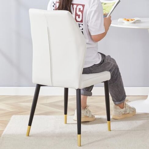 Modern Dining Chairs Set of 4 - PU Leather Upholstered Seats with Patterned Backrest & Black Steel Legs for Kitchen, Office, Breakfast Nook (White & Gray) in Saudi Arabia