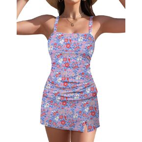 Women's Two Piece Tankini Sets Vintage Tummy Control Swimsuit Trendy Side Split Bathing Suit Push up Swimdress in Kuwait