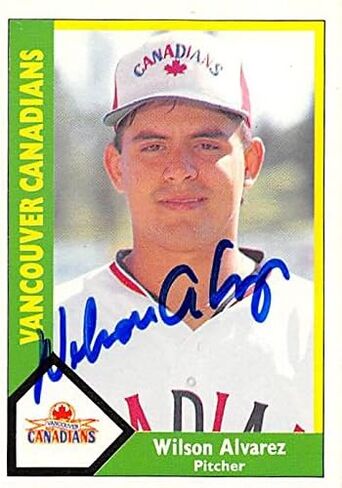 Wilson Alvarez autographed Baseball Card (Vancouver Canadians, Sox) 1990 CMC Pre Rookie #628 - Baseball Slabbed Autographed Cards in Saudi Arabia